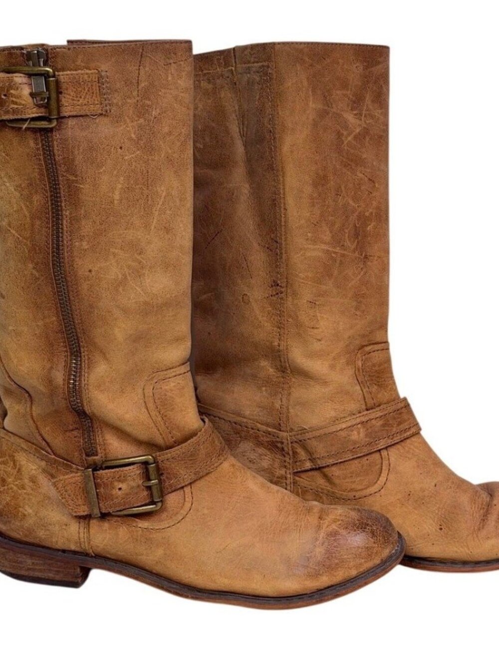 Giani Bini Distressed Tan Leather Side Zip Buckled Boots Women's Size 7 M - Picture 2 of 9